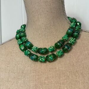 VINTAGE HONG KONG GREEN DOUBLE STRAND PLASTIC BEADS GOLD TONE CAPS BEADS 17”